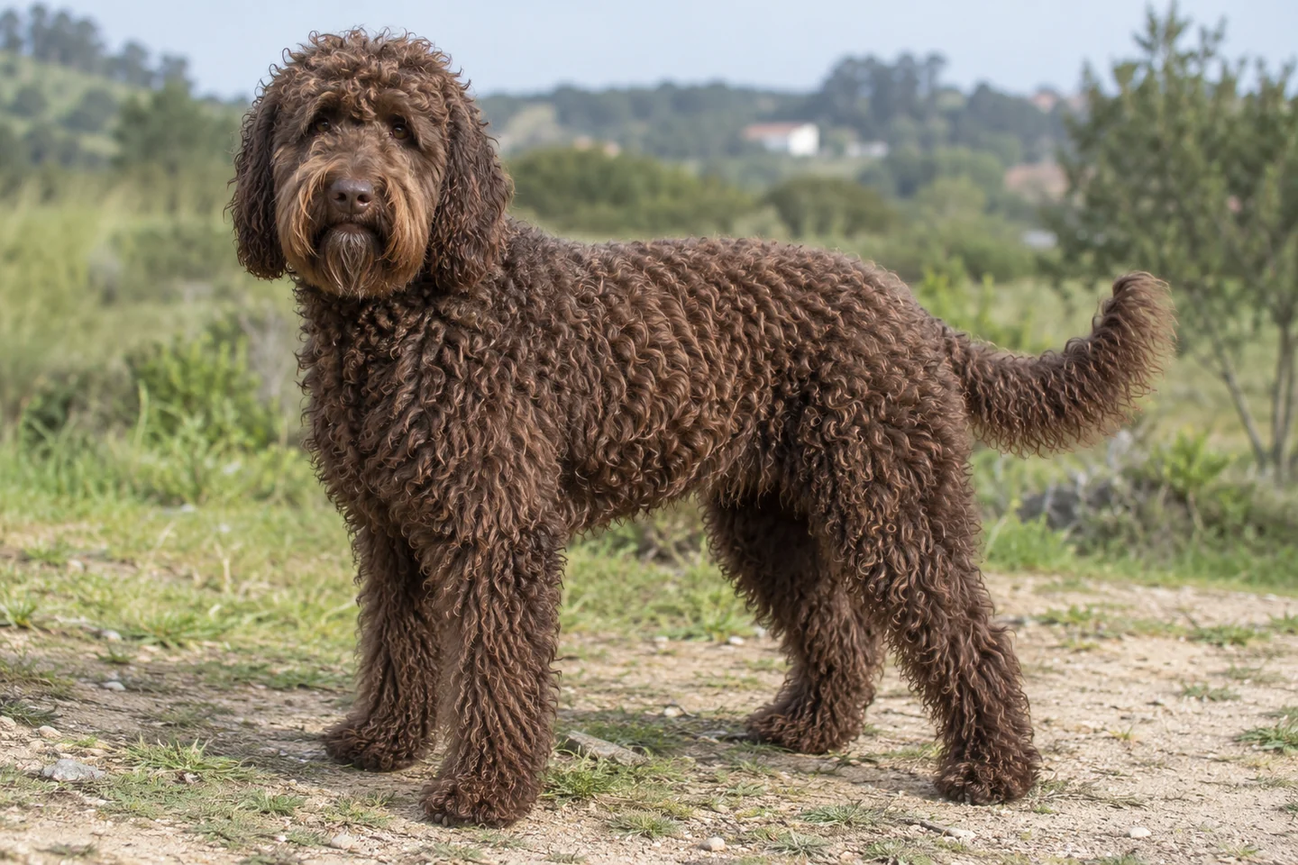 BARBET adulto, de pé, com o corpo inteiro visível.