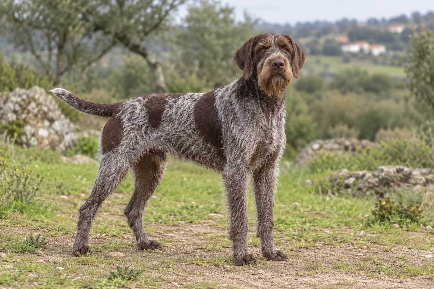 GRIFFON A POIL DUR KORTHALS adulto, de pé, com o corpo inteiro visível.