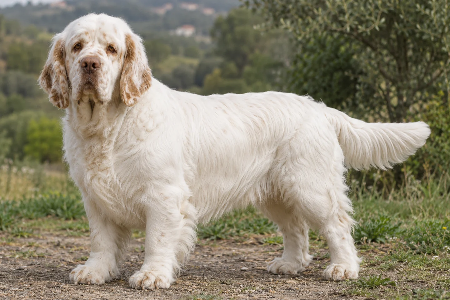 CLUMBER SPANIEL adulto, de pé, com o corpo inteiro visível.