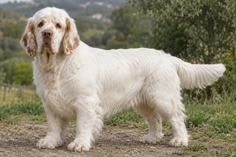 CLUMBER SPANIEL adulto, de pé, com o corpo inteiro visível.