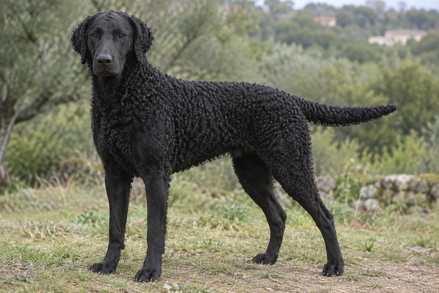 CURLY COATED RETRIEVER adulto, de pé, com o corpo inteiro visível.