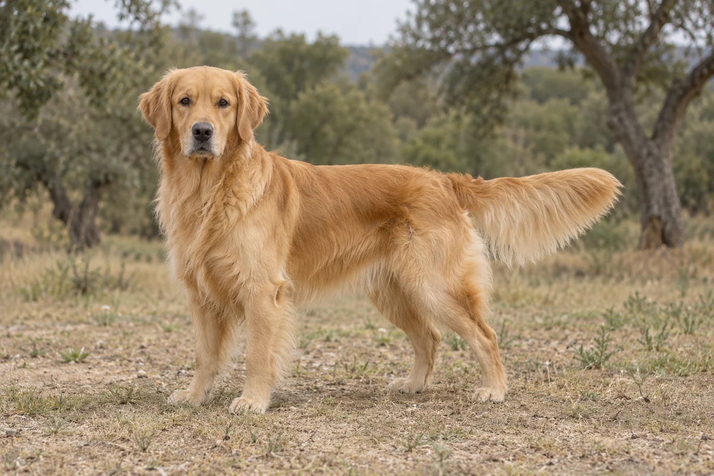 Golden Retriever adulto, de pé, com o corpo inteiro visível.
