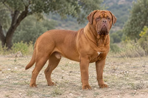 DOGUE DE BORDEAUX adulto, de pé, com o corpo inteiro visível.