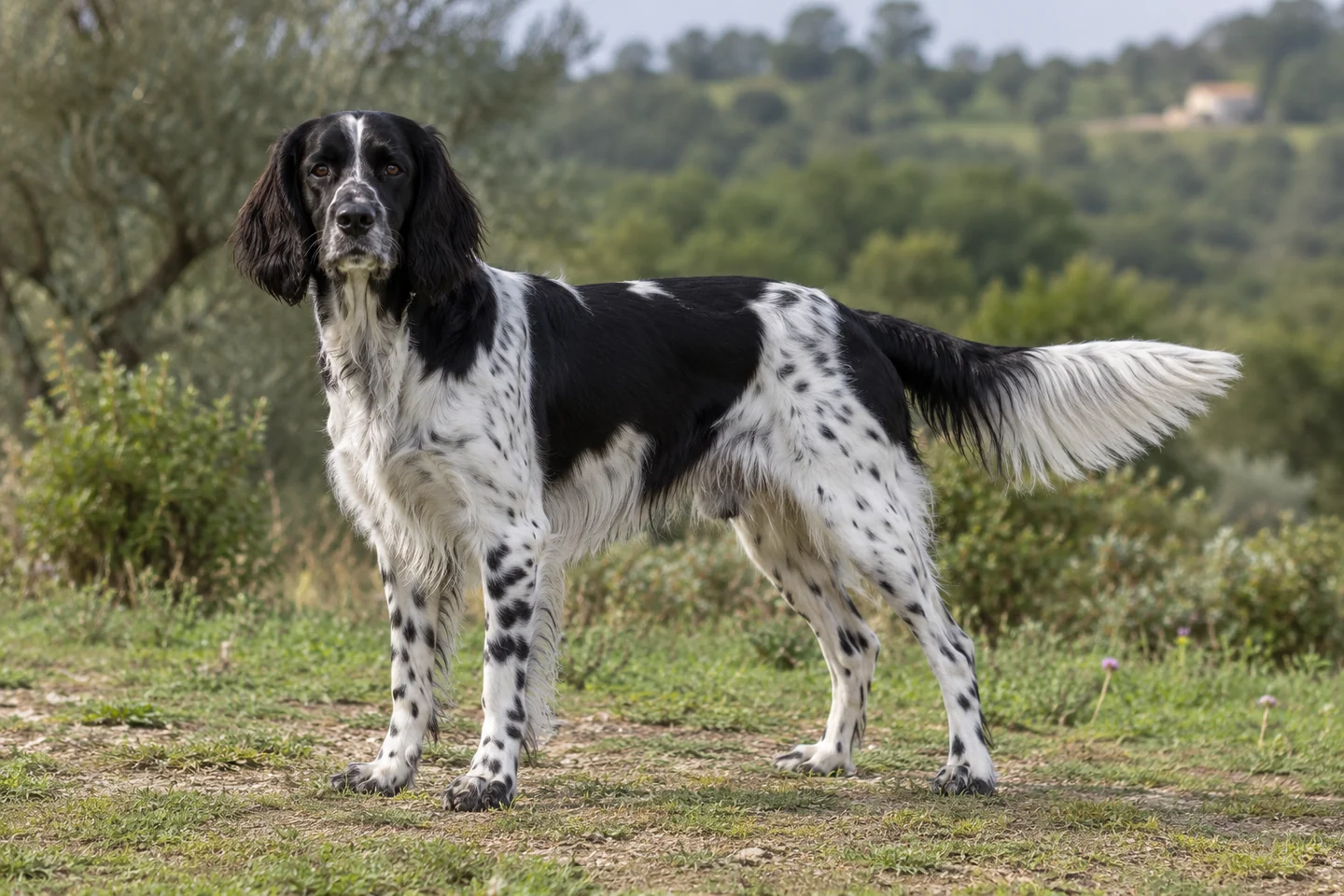 GROSSER MÜNSTERLÄNDER VORSTEHHUND adulto, de pé, com o corpo inteiro visível.