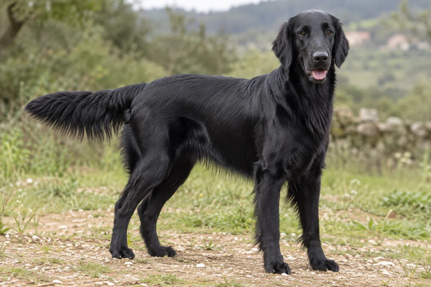 FLAT COATED RETRIEVER adulto, de pé, com o corpo inteiro visível.