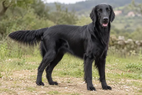 FLAT COATED RETRIEVER adulto, de pé, com o corpo inteiro visível.