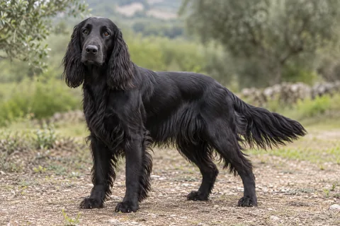 FIELD SPANIEL adulto, de pé, com o corpo inteiro visível.