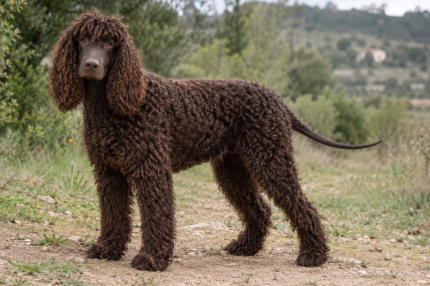 IRISH WATER SPANIEL adulto, de pé, com o corpo inteiro visível.