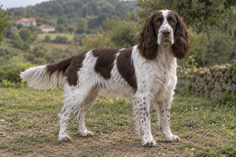 ENGLISH SPRINGER SPANIEL adulto, de pé, com o corpo inteiro visível.