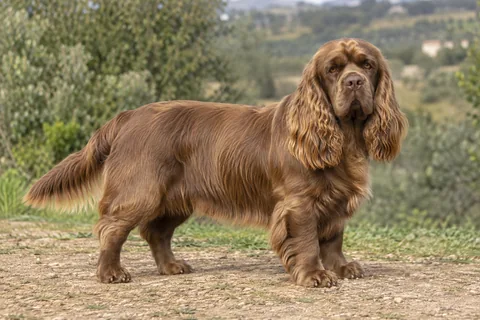 SUSSEX SPANIEL adulto, de pé, com o corpo inteiro visível.
