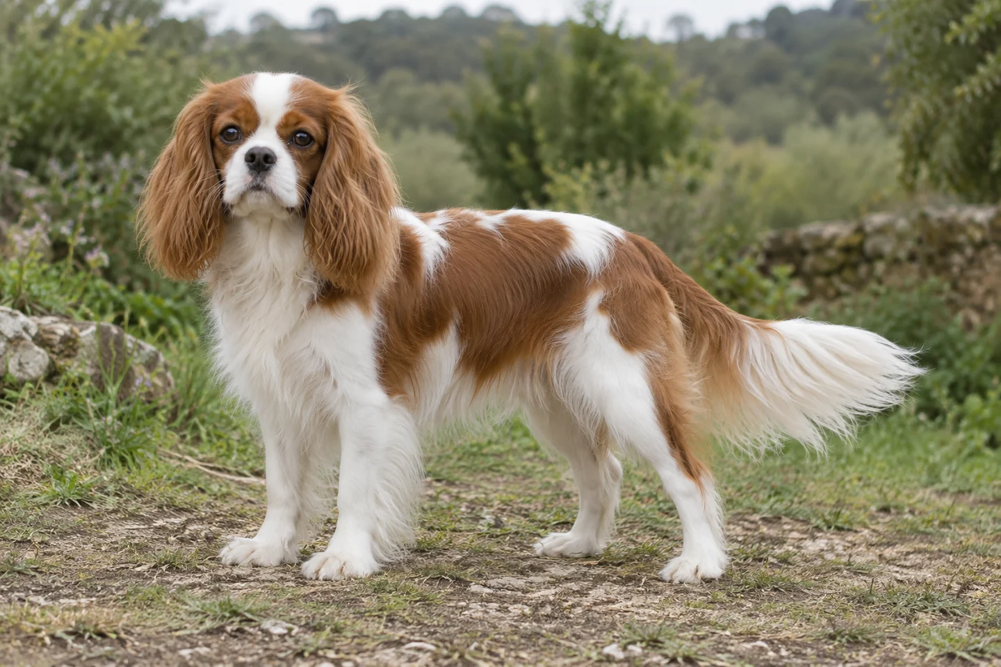 Cavalier King Charles Spaniel adulto, de pé, com o corpo inteiro visível.