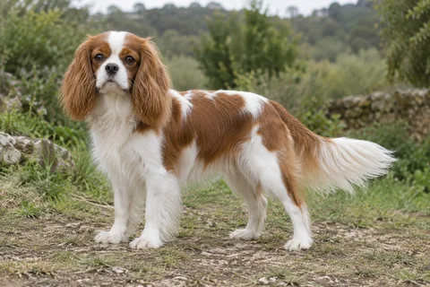 Cavalier King Charles Spaniel adulto, de pé, com o corpo inteiro visível.