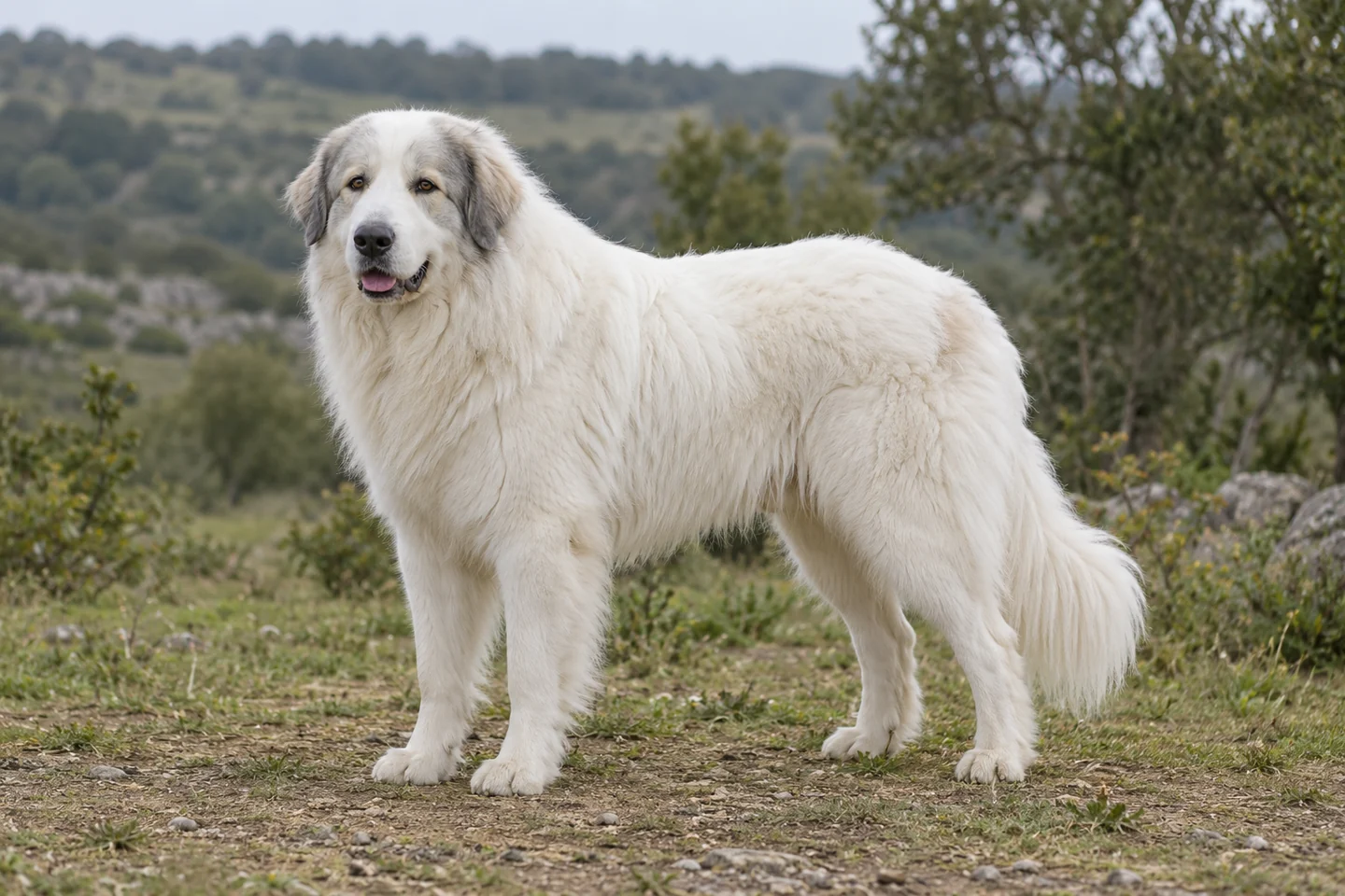 CHIEN DE MONTAGNE DES PYRENEES adulto, de pé, com o corpo inteiro visível.
