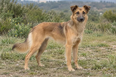 CHIEN DE BERGER DES PYRENEES A FACE RASE adulto, de pé, com o corpo inteiro visível.