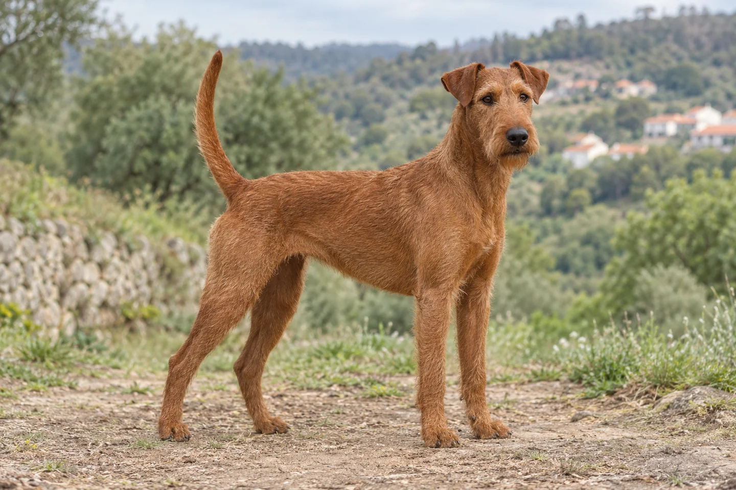 IRISH TERRIER adulto, de pé, com o corpo inteiro visível.