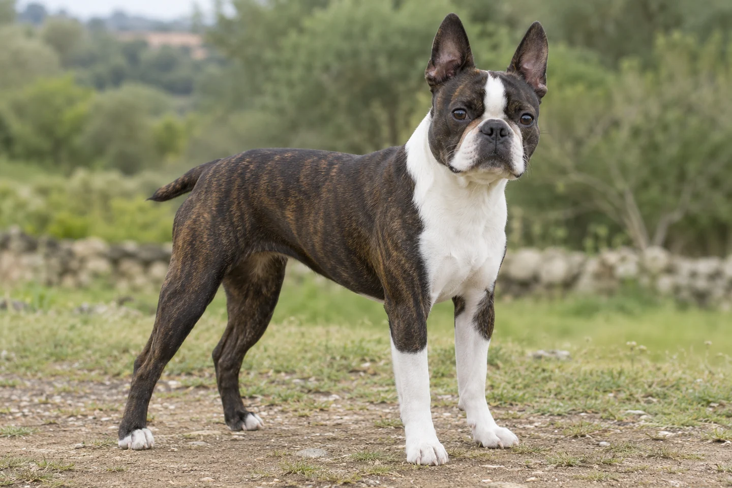 BOSTON TERRIER adulto, de pé, com o corpo inteiro visível.