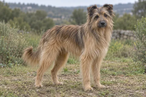 CHIEN DE BERGER DES PYRENEES A POIL LONG adulto, de pé, com o corpo inteiro visível.