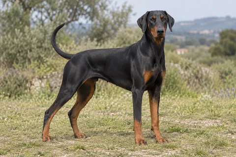 Dobermann adulto, de pé, com o corpo inteiro visível.
