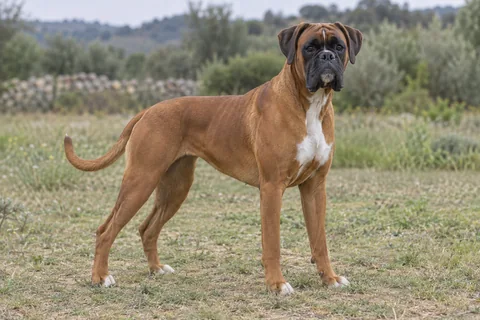 Boxer adulto, de pé, com o corpo inteiro visível.