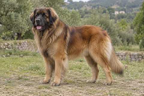 LEONBERGER adulto, de pé, com o corpo inteiro visível.