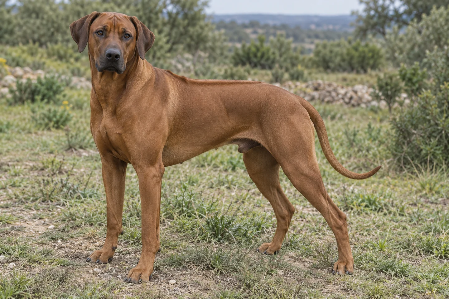 RHODESIAN RIDGEBACK adulto, de pé, com o corpo inteiro visível.