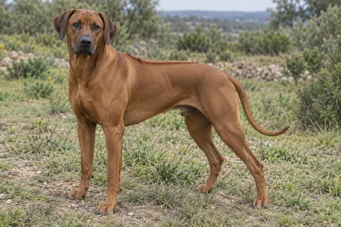 RHODESIAN RIDGEBACK adulto, de pé, com o corpo inteiro visível.