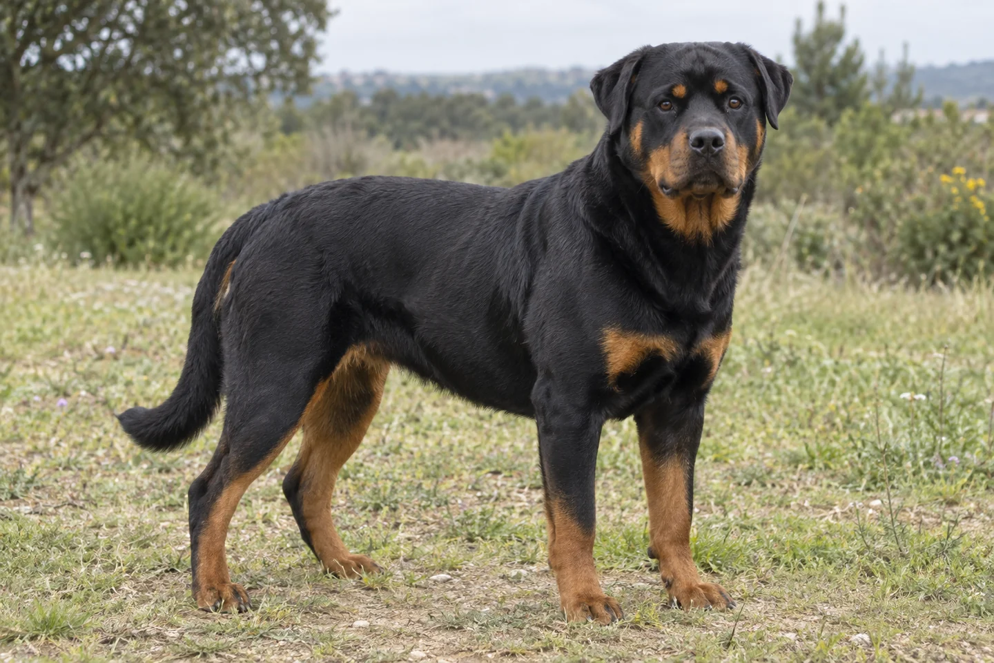 Rottweiler adulto, de pé, com o corpo inteiro visível.