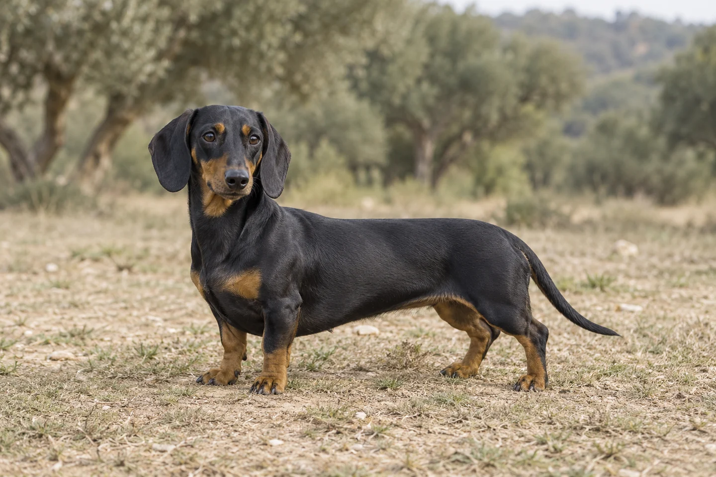 Dachshund / Teckel adulto, de pé, com o corpo inteiro visível.