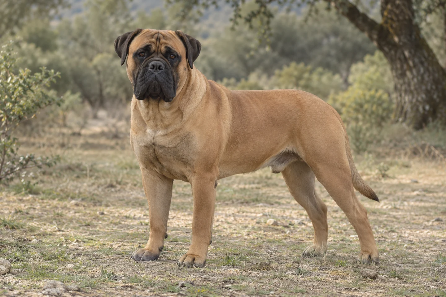 BULLMASTIFF adulto, de pé, com o corpo inteiro visível.