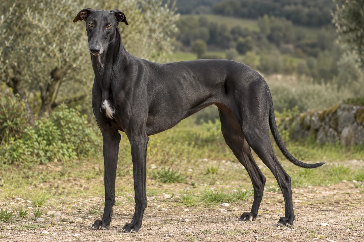 GREYHOUND adulto, de pé, com o corpo inteiro visível.