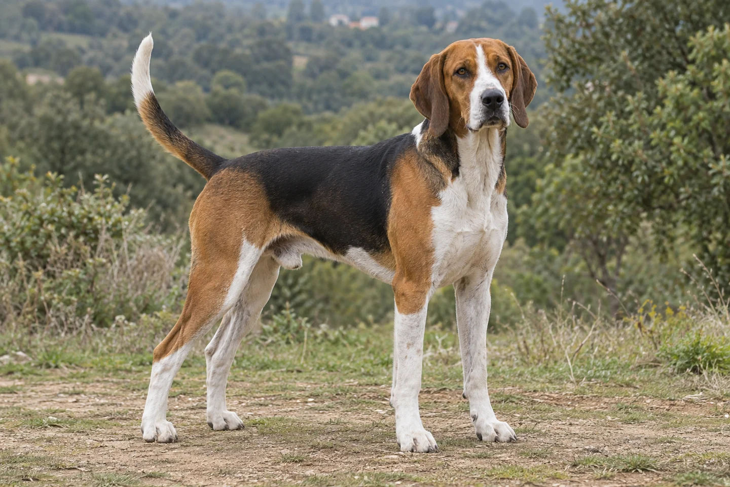 ENGLISH FOXHOUND adulto, de pé, com o corpo inteiro visível.