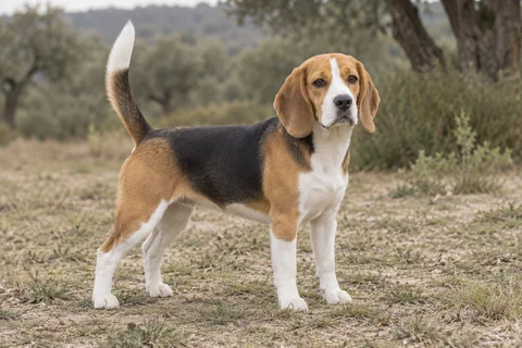 Beagle adulto, de pé, com o corpo inteiro visível.