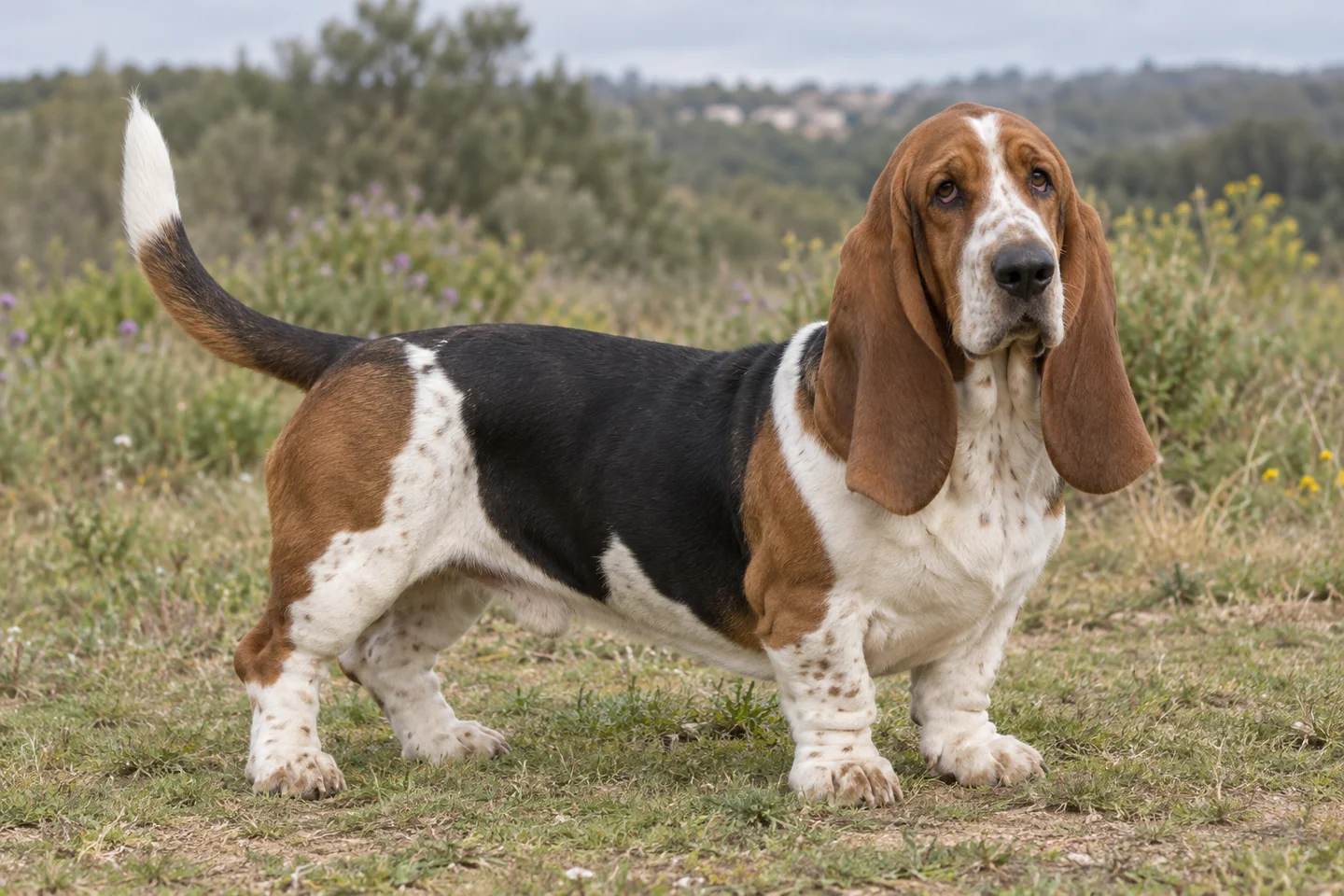 BASSET HOUND adulto, de pé, com o corpo inteiro visível.