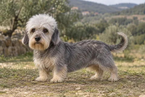 DANDIE DINMONT TERRIER adulto, de pé, com o corpo inteiro visível.