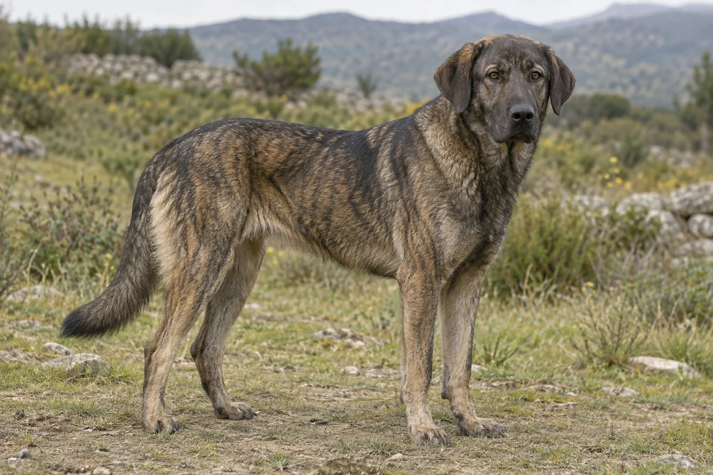 Cão de Castro Laboreiro adulto, de pé, com o corpo inteiro visível.