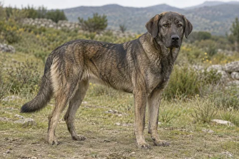 Cão de Castro Laboreiro adulto, de pé, com o corpo inteiro visível.