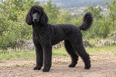 Caniche adulto, de pé, com o corpo inteiro visível.