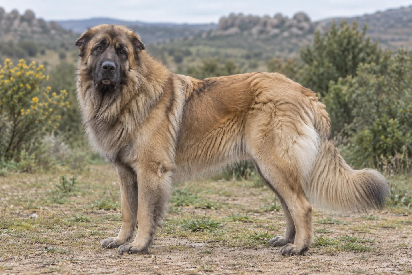 Cão da Serra da Estrela adulto, de pé, com o corpo inteiro visível.