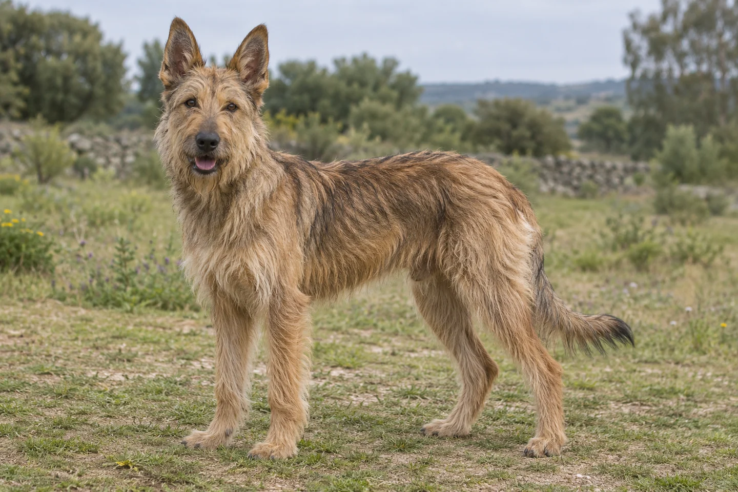 BERGER DE PICARDIE adulto, de pé, com o corpo inteiro visível.