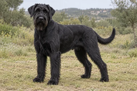 RIESENSCHNAUZER adulto, de pé, com o corpo inteiro visível.