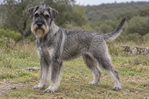 SCHNAUZER adulto, de pé, com o corpo inteiro visível.