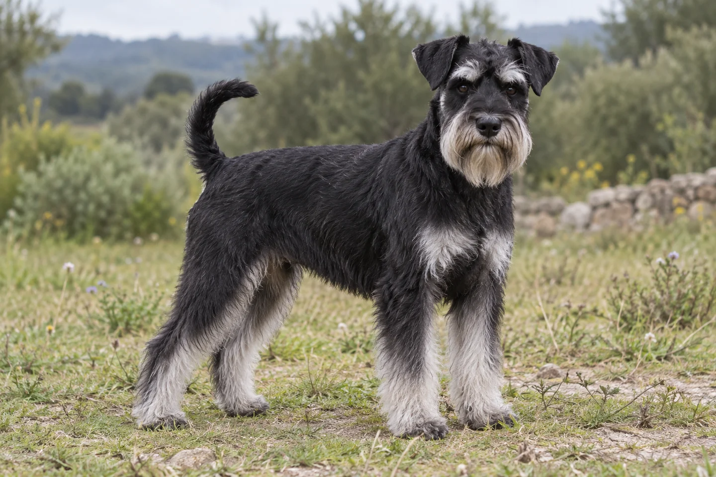 ZWERGSCHNAUZER adulto, de pé, com o corpo inteiro visível.