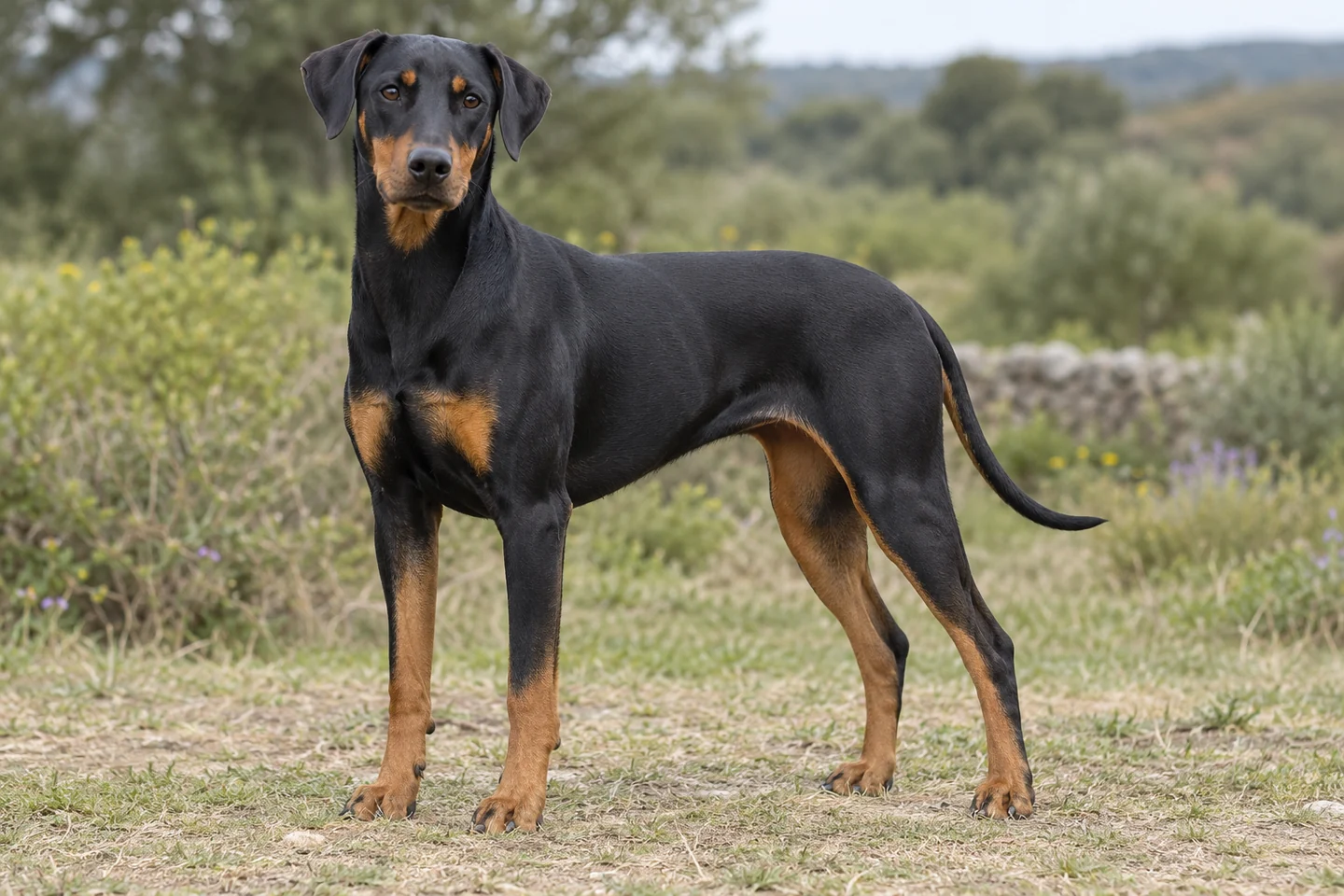 DEUTSCHER PINSCHER adulto, de pé, com o corpo inteiro visível.
