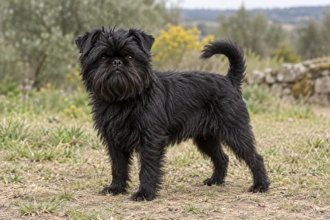 AFFENPINSCHER adulto, de pé, com o corpo inteiro visível.