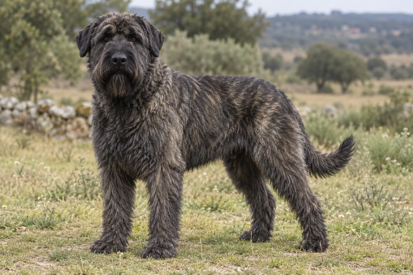 BOUVIER DES FLANDRES-VLAAMSE KOEHOND adulto, de pé, com o corpo inteiro visível.