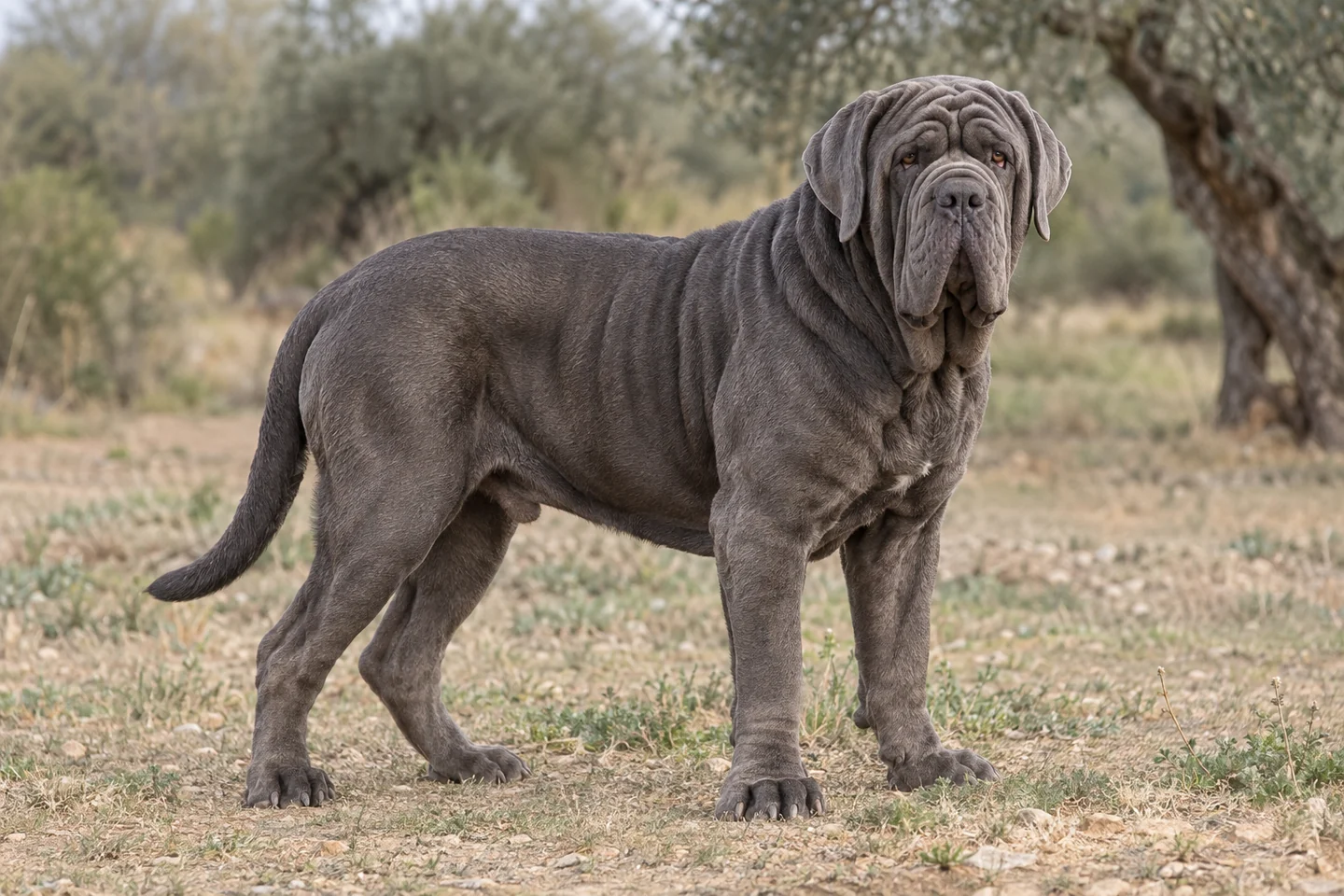 MASTINO NAPOLETANO adulto, de pé, com o corpo inteiro visível.