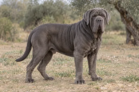 MASTINO NAPOLETANO adulto, de pé, com o corpo inteiro visível.