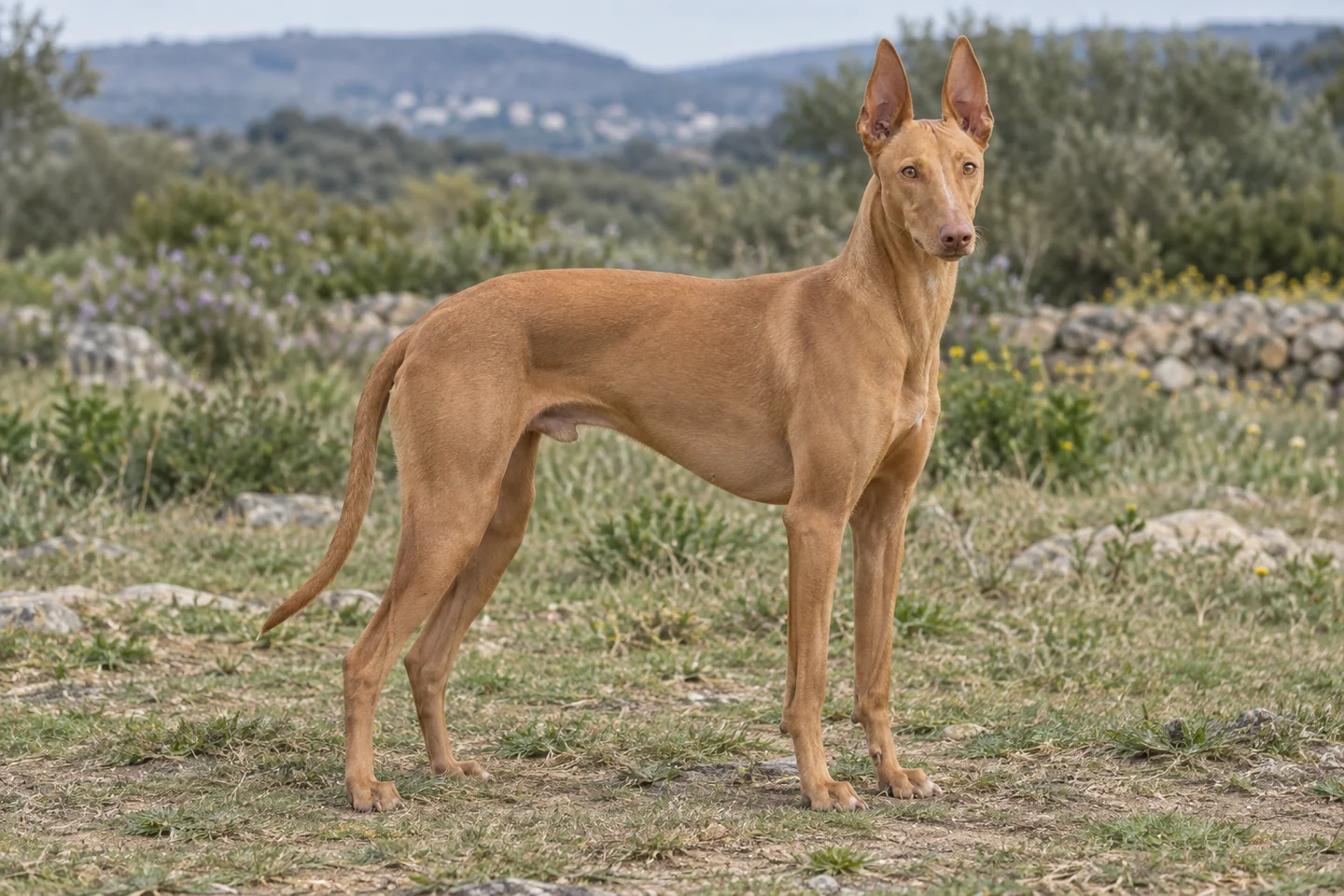 CIRNECO DELL'ETNA adulto, de pé, com o corpo inteiro visível.