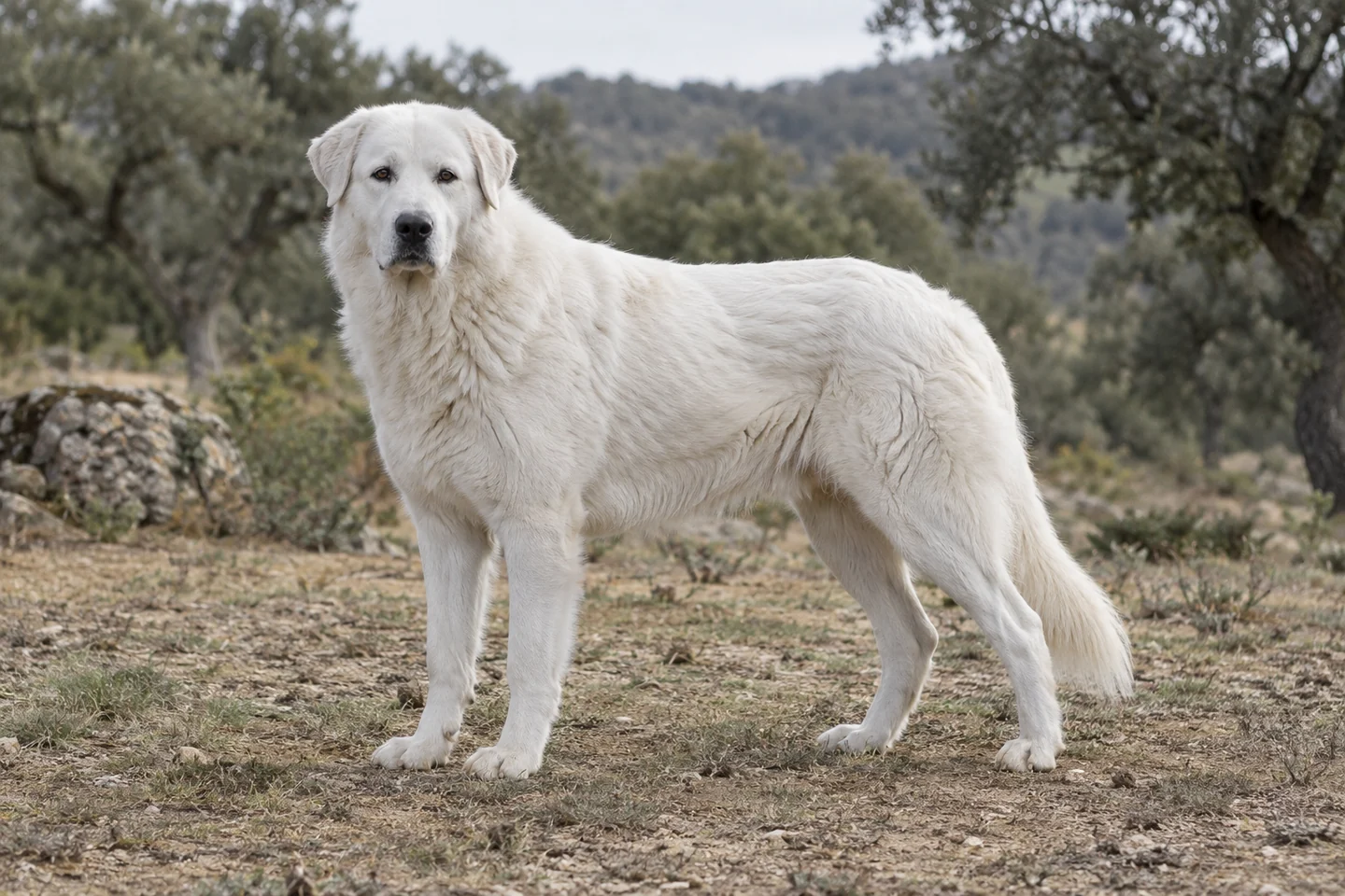 CANE DA PASTORE ABRUZZESE MAREMMANO adulto, de pé, com o corpo inteiro visível.