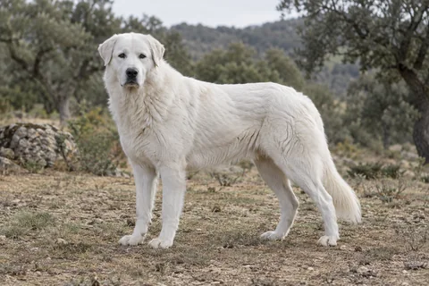 CANE DA PASTORE ABRUZZESE MAREMMANO adulto, de pé, com o corpo inteiro visível.